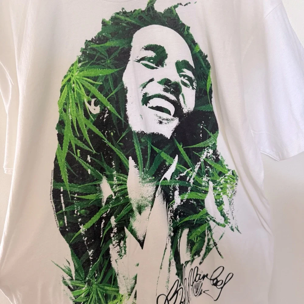 Bob Marley Ganja Weed T Shirt White & Green Cotton Crew Neck Reggae Music NEW - Picture 4 of 13